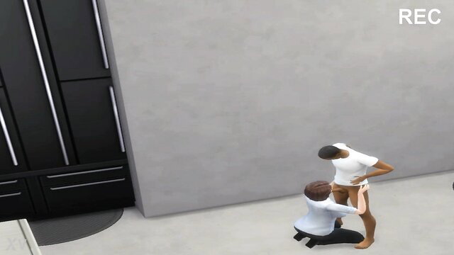 Black doctor kneels giving blowjob to bent over patient in clinic