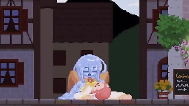 Blue slime girl monster hugs pink-haired girl in pixel art hentai scene