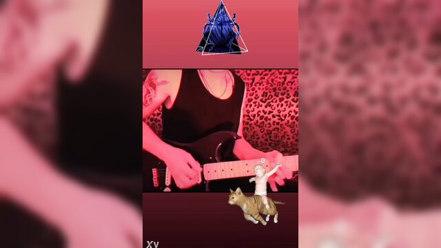 Tattooed woman strums guitar passionately in neon-lit rock solo