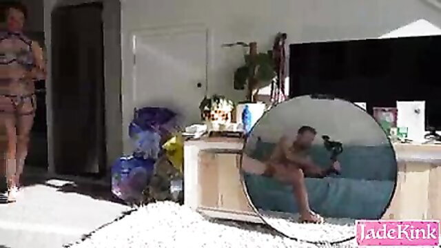 Hot girlfriend in blue lingerie teases nude guy in mirror sex video