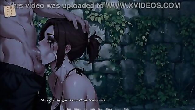 Asian hentai girl kneels sucking cock outdoors in University Of Mysteries 16