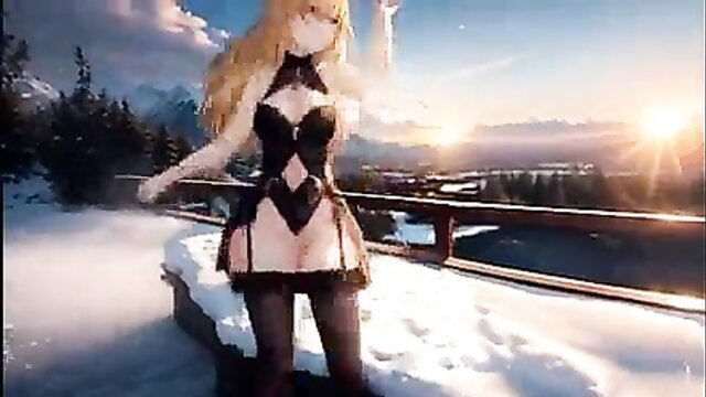 Sexy blonde Akyra Nozomi in lingerie poses sensually on snowy mountain overlook