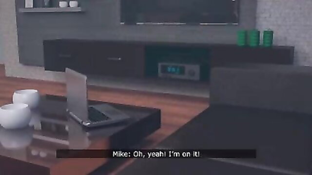 Animated babe on laptop as Mike says yeah I'm on it in living room