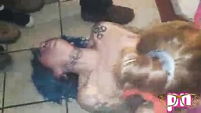 Blue-haired tattooed slut throatfucked hard at wild gangbang birthday party