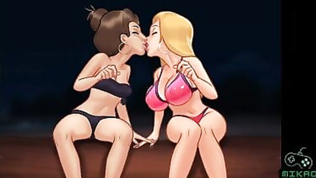 2D hentai girls from Summertime Saga kissing in bikinis