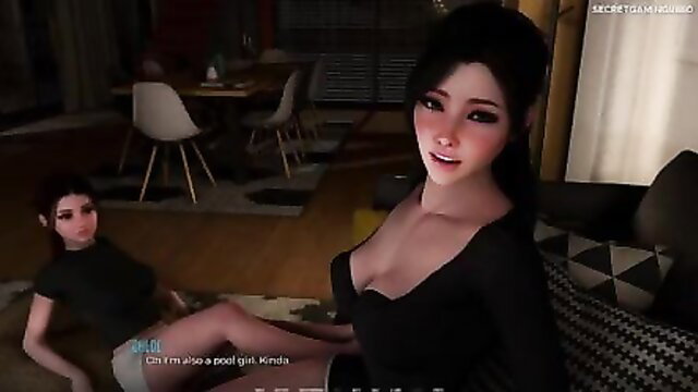 Hot Asian stepsis teases huge tits on couch in tight black dress