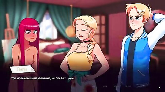 Threesome tease with pink-haired nude, busty blonde in yellow top, blond guy in bedroom