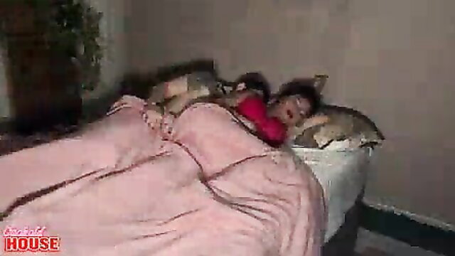 Annie Clementine in bed, red lingerie, waking cuckold BF for threesome