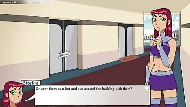 Starfire in skimpy purple outfit shushing in Teen Titans hentai game