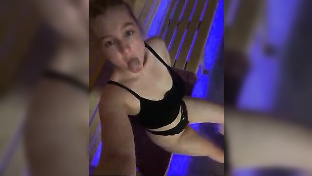 Jucielussie tongue out in black lingerie in sauna, hot amateur tease