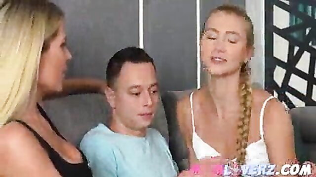 Blonde stepmom and stepdaughter seduce guy for creampie threesome