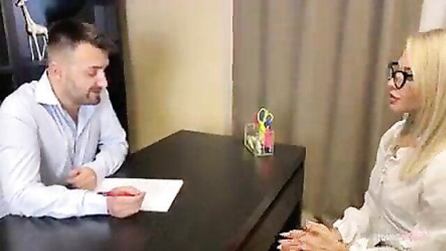 Blonde slutty wife in glasses interviewed by man for job