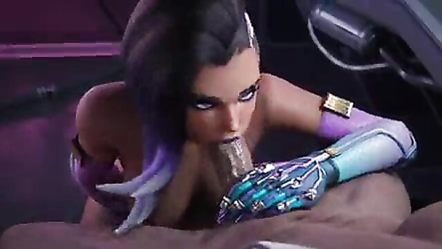 Tracer Overwatch hentai sucking cybernetic cock closeup