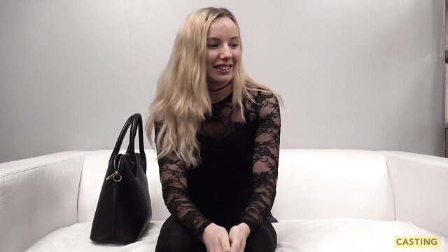 Natural blonde in lace top and choker at adult casting couch