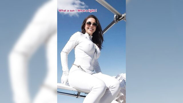 Busty brunette in tight white leather catsuit on ski lift