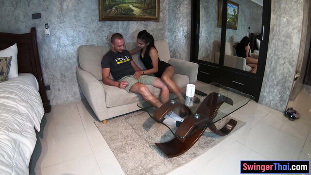 Thai girlfriend bisexual threesome with BF on couch