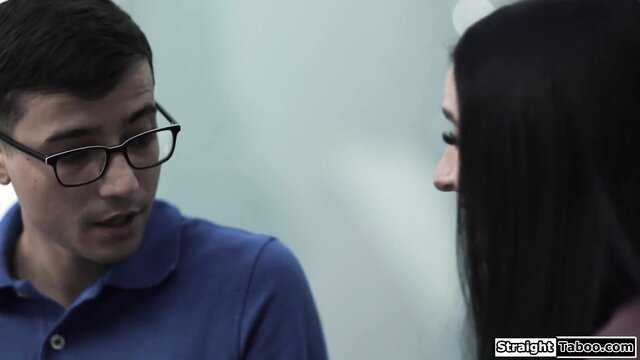 Glasses guy in blue polo talks to hot black-haired neighbor girl by window