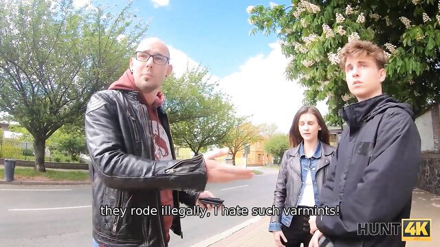 Slim petite brunette teen with cuckold BF and stranger outdoors amateur