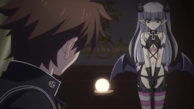 Silver-haired elf demon girl in lingerie with wings faces man in Testament of Sister New Devil fanservice
