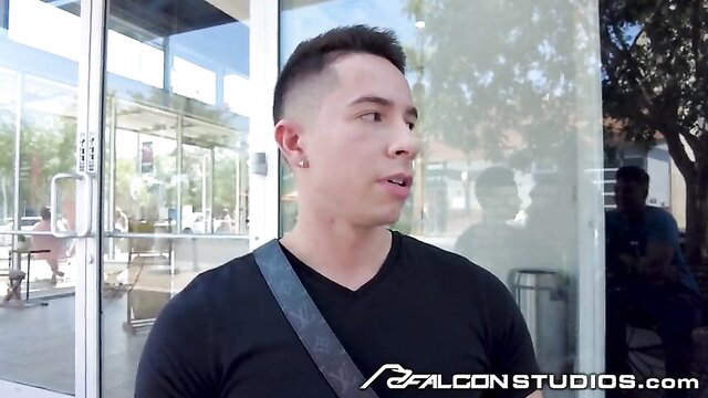 JJ Knight closeup in tight V-neck shirt outdoors Falcon Studios