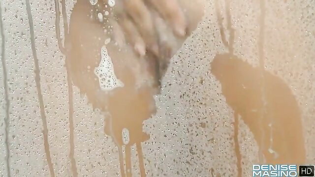 Denise Masino soapy shower tease, wet muscular body closeup