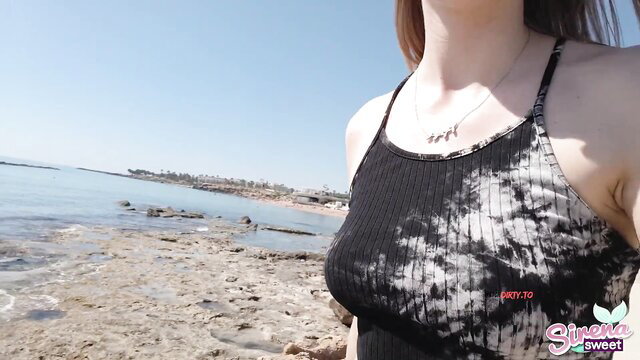 SirenaSweet in tight tie-dye top by sea, teasing outdoor quickie