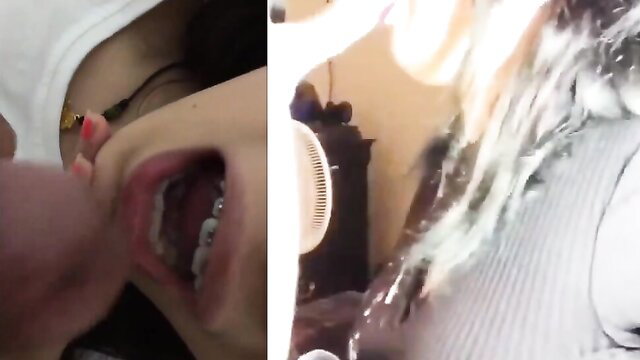 Vietnamese student deepthroats cock with open mouth closeup