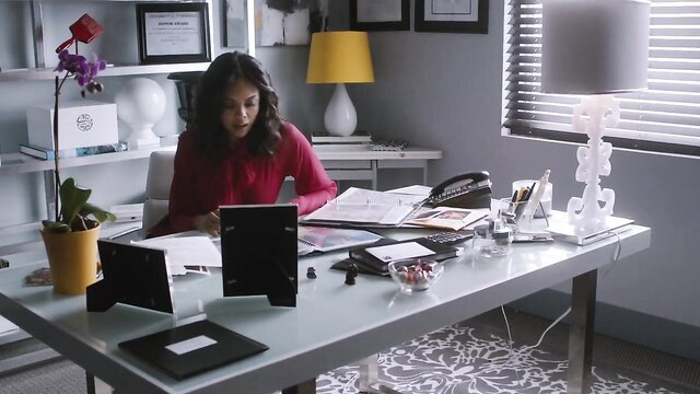 Asian beauty in red top at desk, sultry office tease