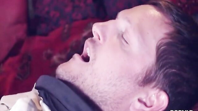 Hot guy moaning in ecstasy, mouth open wide in adult scene