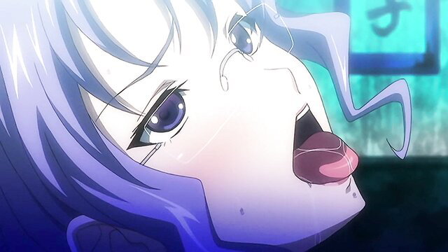 Purple-haired hentai wife with huge tits licks tongue closeup