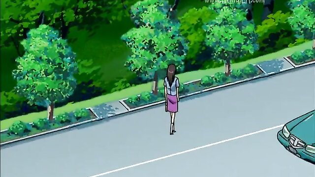 Anime girl in purple skirt stands by road near green car, JAV style