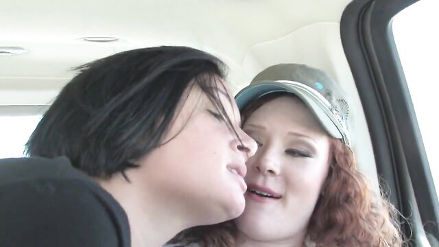 Two busty women passionately kissing in car, lesbian anal whores