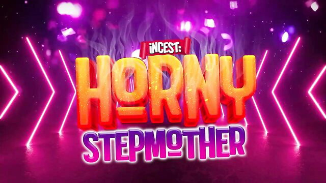 Horny Stepmother Incest adult game title screen with fiery pink neon graphics