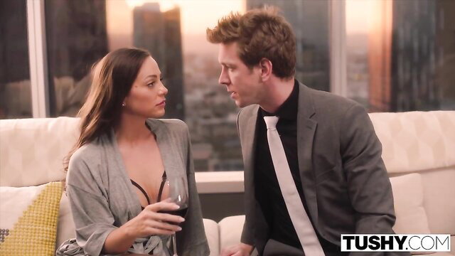 Abigail Mac in sheer lingerie sips wine with suited man on Tushy