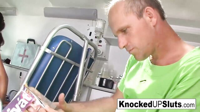 Bald doctor groping pregnant slut's tits in clinic exam