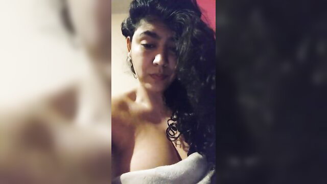 Curvy brunette latina in towel, topless with cleavage at Cam4 webcam