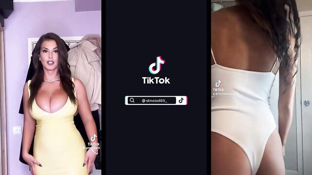 Busty brunette in tight yellow dress twerking, big tits ass TikTok tease