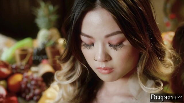 Mona Azar closeup in steamy reverse gangbang scene