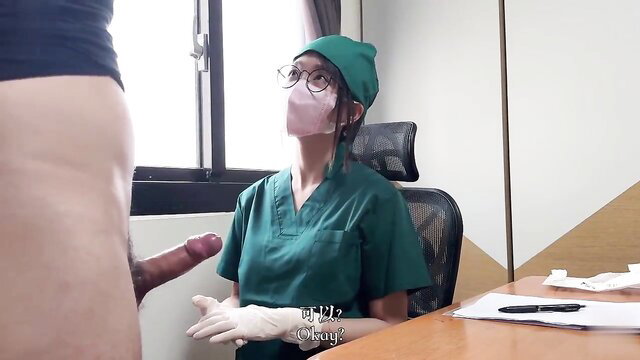 Asian nurse in scrubs and mask gets handjobbed by patient's huge cock
