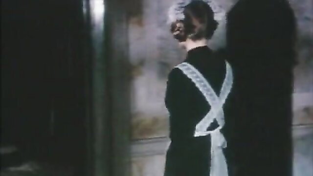 Vintage 1975 porn: brunette maid in black dress with white apron, back view