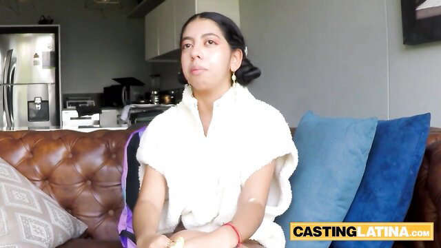 Petite Latina teen Ava in white robe on casting couch