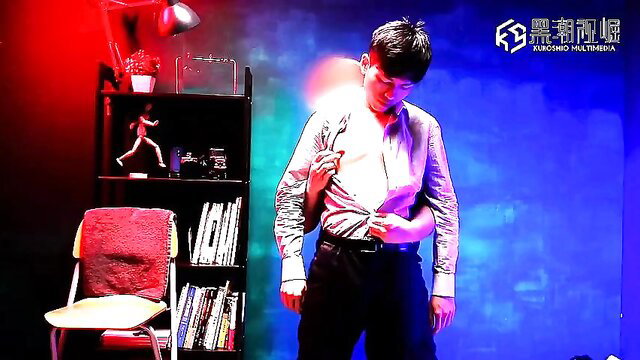 Asian guy in white shirt trying to work his cock indoors solo