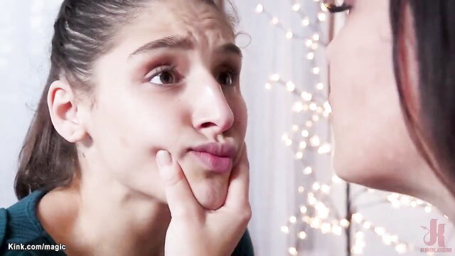 Young Latina teen with duck face pout, close-up face in family roleplay tease