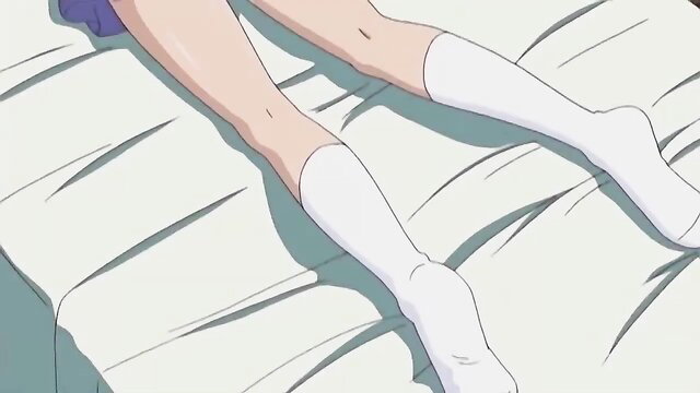 Anime girl in skirt and white stockings legs spread on bed hentai tease