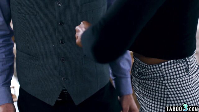 Olivia Jayy petite ebony in checkered skirt grabs old lover's bulge