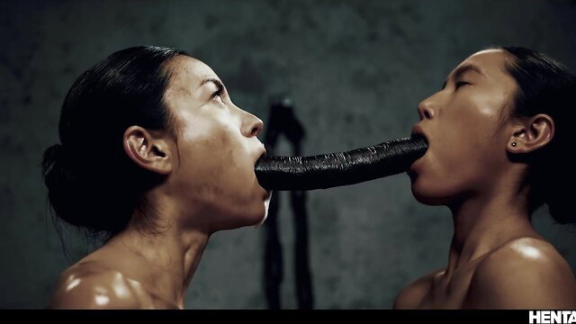 Two nude Asian women sharing massive black dildo orally in Hentaied CUMFLATION