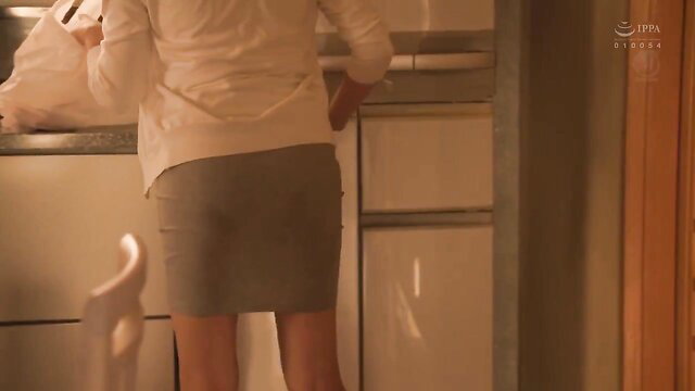 Tsubasa Amami bent over kitchen counter in tight skirt upskirt