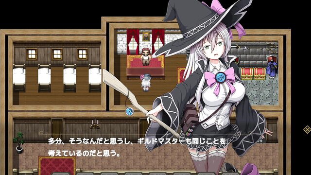Busty witch in sexy witch outfit holds staff in fantasy tavern scene
