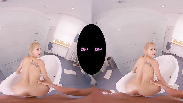Veronica Leal naked blonde squats in tub, VR POV ass view