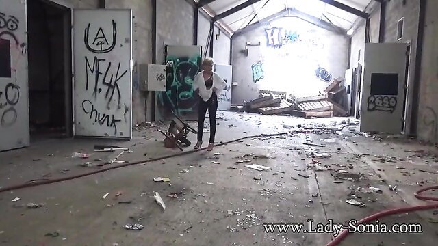 Lady Sonia naked in abandoned factory, big tits mature brunette posing